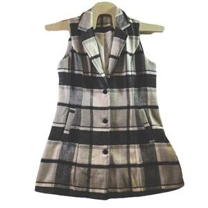Womens Large Black & White Plaid Lapel Collar Button Sleeveless Vest Coat
